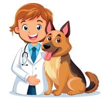 Smiling veterinarian posing with happy german shepherd dog vector