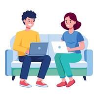 Two young professionals working remotely using laptops on sofa vector