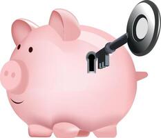 Piggy bank with key inserted symbolizing savings and investment vector