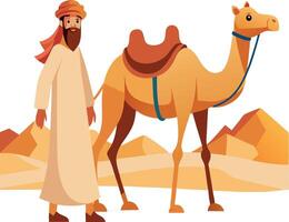 Bedouin walking with his camel in the desert vector