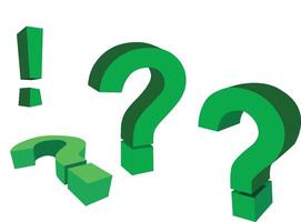 Three oversized green question marks and an exclamation point are standing on a white surface vector