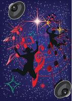Two dancers jumping with music notes and speakers on starry night background vector