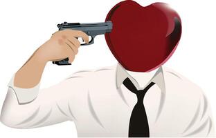 Businessman pointing gun at his head with red heart shape vector