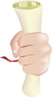 Hand is holding a rolled-up diploma tied with a red ribbon, symbolizing academic achievement vector
