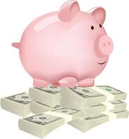 Pink piggy bank standing on a pile of one hundred dollar bills representing savings and wealth vector