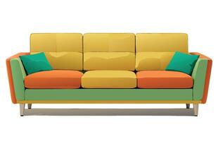 Modern green sofa with colorful pillows standing on white background vector