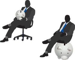 Two businessmen relaxing sitting on and holding piggy banks vector