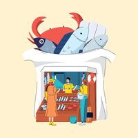Seafood Market Shop Illustration with Building Shaped as a Bag Featuring Fresh Fish and Crabs in a Coastal Setting vector