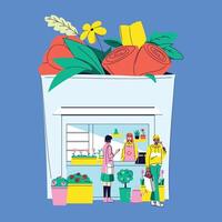 Modern Flower Shop Illustration with Building Designed as a Bag Featuring Colorful Plants and Market Setting vector