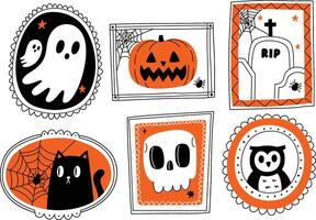 Retro Halloween Characters in Framed Art Style Featuring Ghosts Pumpkins Witches Vampires and Spooky Creatures for Decorations vector