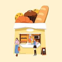 Modern Bakery Shop Illustration with Building Shaped as a Paper Bag Featuring Bread and Pastries in Market Setting vector