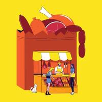 Colorful Meat Market Illustration with Building Shaped Like a Bag Displaying Fresh Cuts and Butcher Shop Scene vector
