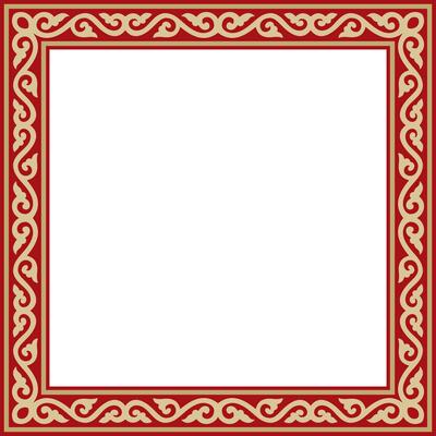 square gold with red ancient Russian ornament. Slavic rectangle, border, frame. Painting of the royal chambers.