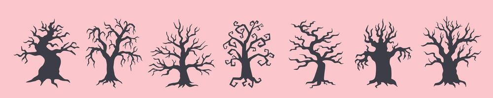 Set of Halloween black trees on pink background. Halloween concept. Halloween objects. vector