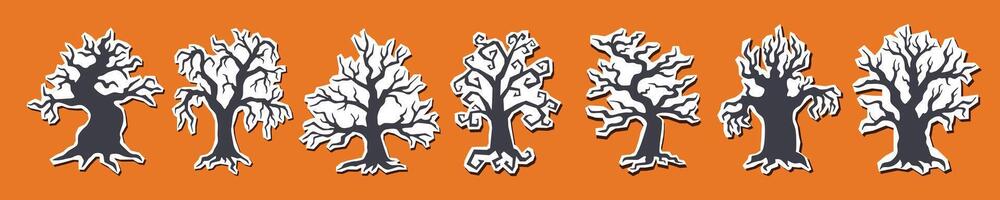 Set of Halloween black trees stickers on orange background. Halloween concept. Halloween objects. vector