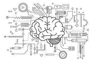 Artificial intelligence brain. Concept of Artificial Intelligence AI and Machine learning. Electronic digital brain, circuit board and human brain outline in flat style. vector