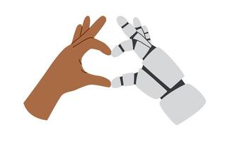 Technology concept. AI concept. Robots and human hands gesture showing a heart isolated on white background. Cooperative concept. vector