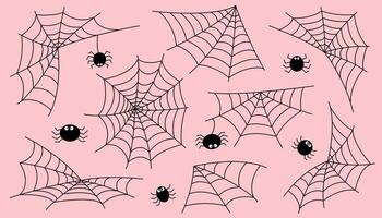 Set of Halloween black spider webs on pink background. Halloween concept. Halloween objects. vector