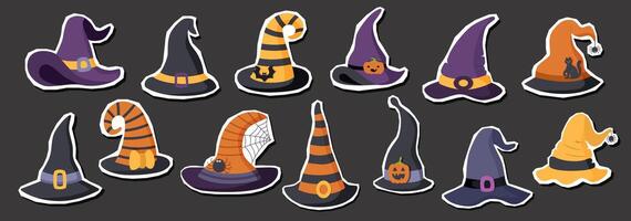 Set of Halloween hats stickers isolated on black background. Halloween concept. Halloween elements. vector