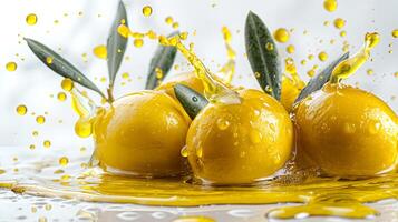 Olive fruit with oil splash on a white background photo