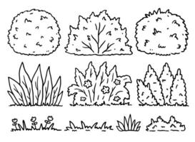 A set of bushes and grasses of different shapes isolated on a white background. hand-drawn illustration in doodle style. Perfect for decorations, logo, various designs. vector