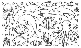Set with an underwater world - jellyfish, squid, dolphin, octopus, various fish and algae isolated on a white background. hand-drawn illustration in doodle style. Sea creatures. vector
