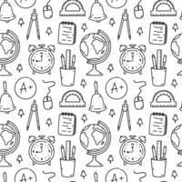 Seamless pattern with school items - notepad, globe, alarm clock, protractor, drawing compass, school bell. hand-drawn doodle illustration. Perfect for print, wallpaper, decorations. vector