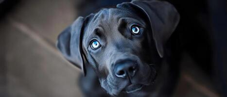 A young Great Dane puppy with striking blue eyes. Its curious gaze and large, floppy ears make for a heartwarming and endearing image. photo