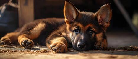 A close-up of a German Shepherd puppy lying on a wooden surface. The puppy has a soft, sable coat, large, dark brown eyes, and floppy ears. Its paws are extended in front of it. photo