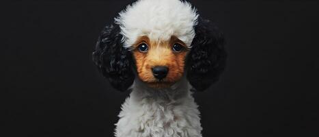 A close-up of a charming poodle puppy with a striking fur. The puppy has a predominantly white fur with contrasting black patches around the ears and the muzzle is brown. photo