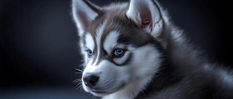 Siberian Husky puppy. It has a gray and white coat, bright blue eyes, and perky ears. The puppy is looking to the side with a curious expression. photo