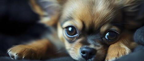 A cute Chihuahua puppy is lying on a soft surface, looking at the camera with its big, round eyes. Its fur is a mix of brown and black. photo