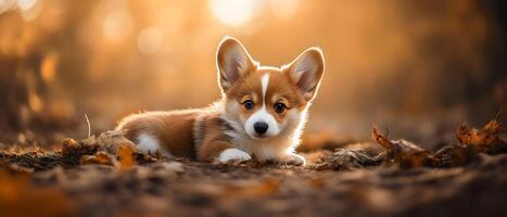 Corgi puppy basking in the warm autumn sunlight. Its fluffy fur, perky ears, and curious eyes create a heartwarming and endearing scene. photo