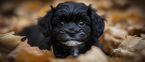 A fluffy black Havanese puppy with bright eyes is nestled among vibrant autumn leaves. Its adorable expression and soft fur make for a heartwarming and captivating image. photo