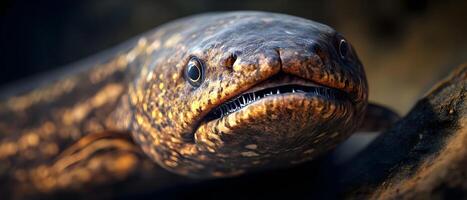 A close-up of an electric eel with a spotted pattern, its mouth open revealing sharp teeth. photo
