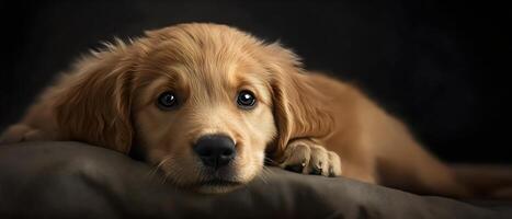 A close-up of an adorable Golden Retriever puppy with soft, golden fur. The puppy is resting its head on a brown cushion, looking directly at the camera with big, brown eyes. photo