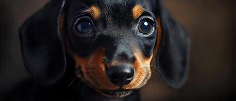 A close-up of an adorable black and tan Dachshund puppy with large, dark eyes. The puppy is looking directly at the camera with a curious expression. photo