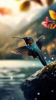 A hummingbird caught in mid-flight, its wings outstretched. The tiny bird's iridescent feathers shimmer in the sunlight, creating a breathtaking spectacle photo