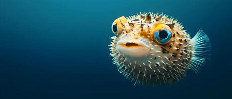 A close-up of a pufferfish with its spines extended, floating in a dark blue ocean. photo