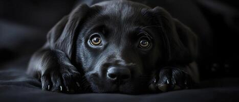 A close-up of a black Labrador Retriever puppy with large, expressive brown eyes. The puppy is lying down, looking directly at the camera with a curious and innocent gaze. photo