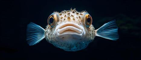 A close-up of a spotted pufferfish with large, round eyes, looking directly at the viewer. photo