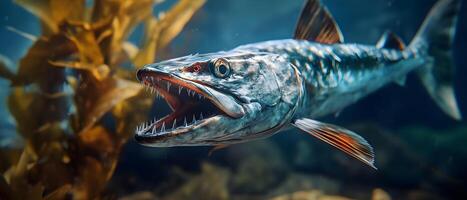 A close-up of a barracuda swimming through a kelp forest, its mouth open revealing sharp teeth. photo
