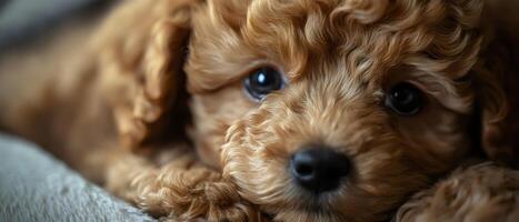 A close-up of an adorable apricot-colored puppy with curly fur. The puppy has large, dark eyes and a button nose. It is resting its head on a soft surface, giving it a sweet and innocent expression. photo