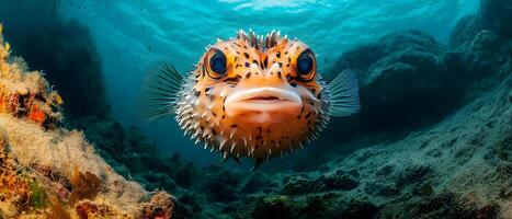 A close-up of a spotted pufferfish with large, round eyes, floating in a shallow coral reef. photo