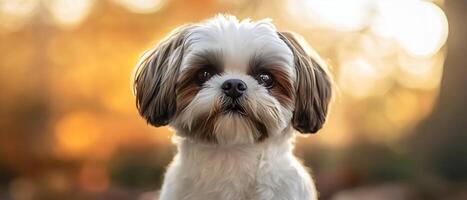 Shih Tzu dog. It has a white and brown coat, big round eyes, and long, flowing ears. The dog is sitting in a park with a blurred background and golden light. photo