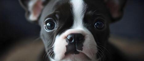 A charming French Bulldog puppy is gazing at the camera with its large, round eyes. Its black and white fur is soft and its little nose is wet and shiny. photo
