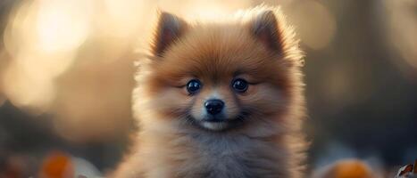 Pomeranian puppy. It has a light brown coat, big round eyes, and perky ears. The puppy is looking directly at the camera with a curious expression. photo