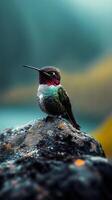 A tiny but fearless hummingbird locks its gaze on the camera, perched proudly on a rock. photo