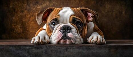 A close-up of a fawn and white English Bulldog puppy with large, dark eyes. The puppy is lying on a wooden surface, looking directly at the camera with a slightly sad expression. photo