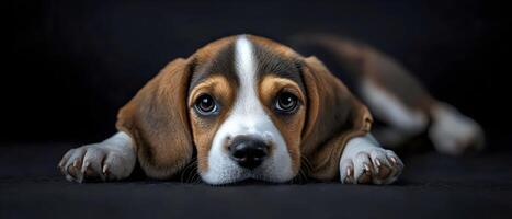 A close-up of an adorable Beagle puppy with big, brown eyes and long floppy ears. It's lying on a dark surface, looking directly at the camera with a slightly sad expression. photo